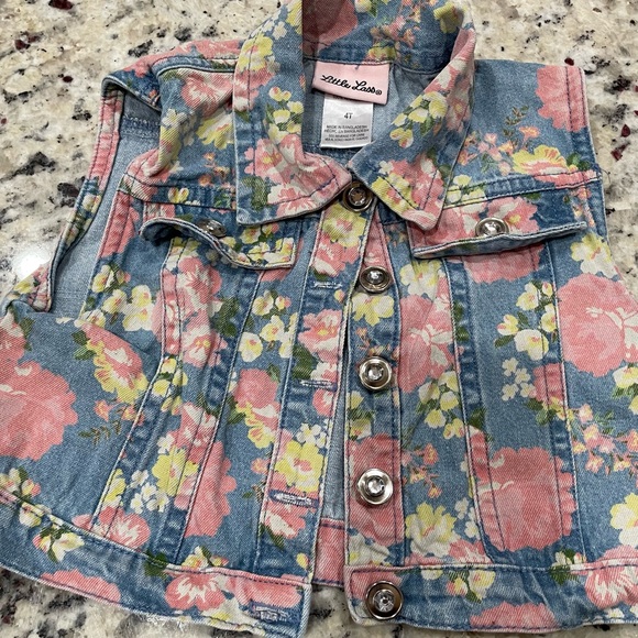 Little Lass Pink & Blue Floral Denim Jean Vest Toddler 4T Like New Rhinestones - Picture 1 of 8